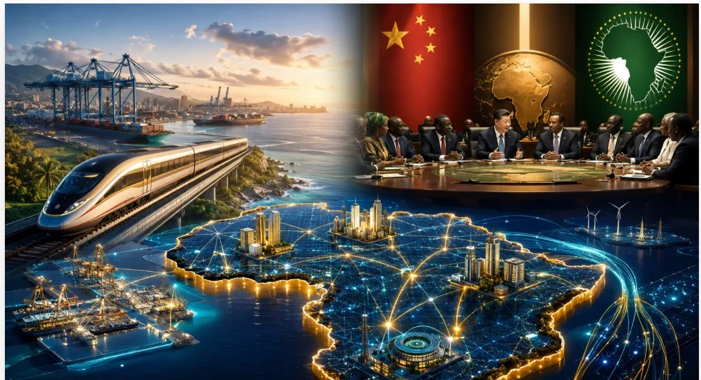 Illustration géopolitique des investissements de la Chine en Afrique montrant un train à grande vitesse, un port de commerce moderne et une carte des réseaux d'infrastructures économiques du continent.