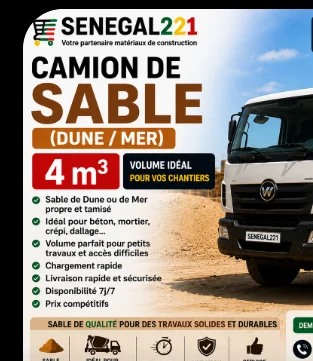 Camion de Sable 4m³ (Dune / Mer) Sénégal : Prix & Livraison